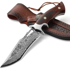 Omesio Damask Hunting Knife High Quality Damascus Steel Survival Knife Outdoor Damascus Knife with Sheath, Japanese Style, Wooden HRiff