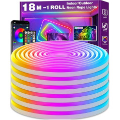 LETIANPAI 18 m / 60 pēdas neona LED lente, elastīga neona LED lente, vadība ar lietotni/ tālvadības pulti, IP65 āra RGB neona apgaismojums, ūdensizturīgs, mūzikas sinhronizācijas spēļu LED neona lente guļamistabai, iekštelpām