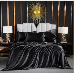 Luofanfei Gultas veļa Satin Black 200 x 200 cm, spīdīgs melns sega pārklājs, zīda, gluds, glītais, luksusa gultas veļas komplekts, spīdīgs satīna poliesters, ar rāvējslēdzēju un spilvendrānām 80 x 80 cm