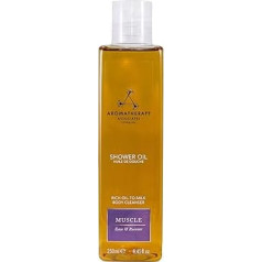 Aromatherapy Associates De-Stress Muscle Shower Oil 250 ml. Palengvinkite ir atgaukite jėgas su mūsų raminančiu, gydomuoju eterinių aliejų mišiniu iš rozmarino, imbiero ir juodųjų pipirų. Prabangi aliejaus ir pieno formulė