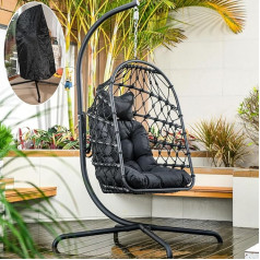 LKINBO Polyrattan karājas krēsls ar rāmi Āra iekštelpu grozs karājas krēsls rotangpalmas karājas krēsls Weatherproof karājas šūpoles dārza šūpoles līdz 195 kg Black