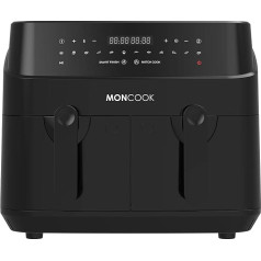 MONCOOK dubultā gaisa fritēze - 2-in-1 gaisa fritieris 9L ar 4,5L groziem, pavārgrāmata 50 receptēm, Smart Finish funkcija, digitālais LED displejs, 12 iepriekš iestatītas gatavošanas programmas, veselīgs, bez eļļas