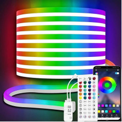 ShineBurky 5 m RGB neona LED lente, 12 V LED neona lente ar tālvadības pulti, lietotnes kontrolieris, mūzikas sinhronizācija, ūdensizturīga IP65 LED neona lente guļamistabas telpu dekorēšanai (bez strāvas adaptera)