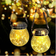 VGE Solar Hanging Lights Outdoor 30 LED Cracked Glass Balls Dekoratīvās gaismas Saules enerģijas ūdensizturīgs ainavu apgaismojums ar rokturi dārza terasei (silti balta)