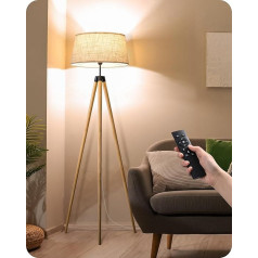 EDISHINE Grīdas lampa Dimmable Tripod Wooden Floor Lamp Boho ar tālvadības pulti un E27 LED spuldzi, 1 stundas taimera funkcija, 3 krāsu temperatūras, Vintage Lampshade Linen, lasāmviela dzīvojamai istabai