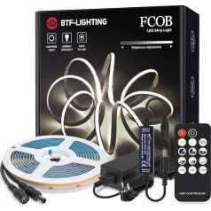 BTF-LIGHTING FCOB COB 24V komplekts Elastīga augsta blīvuma LED sloksne Dabiski balta 4000K 5M 360LEDs/M 8 mm platumā ar RF14 pogām Dimmable Controller FOB CRI90+ LED sloksne mājas iekštelpām DIY ar AC Power