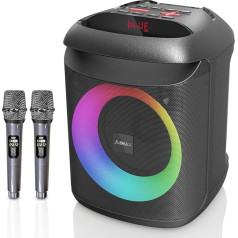 AIMAX Karaoke mašīna ar 2 bezvadu mikrofoniem, pārnēsājams Bluetooth skaļrunis pieaugušajiem un bērniem, ballīšu mūzikas kastīte, mobilā PA sistēma ar RGB apgaismojumu, atbalsta TF/USB, TWS, AUX ievadi, melns