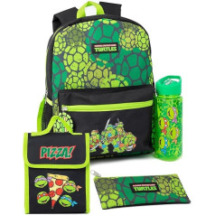 Teenage Mutant Ninja Turtles Boys Backpack Set | 4 gabalu zaļš bērnu mugursomas komplekts ar skolas somu, penālīti, pusdienu maisiņu un ūdens pudeli, TMNT grafika, pilns komplekts, dāvana, zaļa, mugursoma,