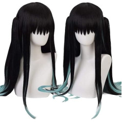 Lwiuentx Anime Cosplay Tokitou Muichirou Long Straight Black Gradient Grey Blue parūka Helovīna pusei + bezmaksas parūka cepure