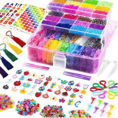 Loom Bands komplekts XXL korpuss ar bagātīgiem piederumiem Vairāk nekā 15000+ gumijas 28 krāsās, ieskaitot kaklarotas, gredzenus un elastīgās lentas aproces Padari pats Gumijas amatniecības komplekts bērniem no 6 gadiem