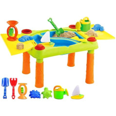 deAO Children's Sand and Water Play Table, Outdoor Activity Toy, Table with Double Compartment and Lid plus Accessories