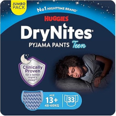 Huggies DryNites nakts autiņbiksītes zēniem no 13 līdz 17 gadiem (48-60 kg), 33 iepakojumi (3x11), lielās mēnešbiksītes, kas paredzētas zēniem no 13 līdz 17 gadiem (48-60 kg).