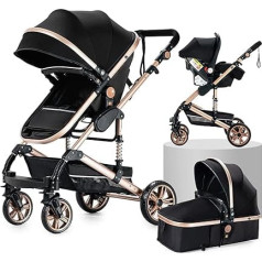 3-in-1 Combination Pram, 3-in-1 Pushchair, Travel Systems, Infant High Landscape Reclining Buggy, Newborn Pram, Foldable Standard Pram (739 Black Gold)