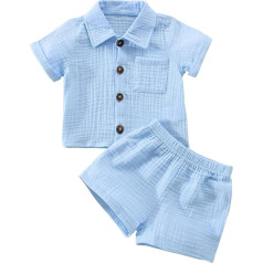 Yassiglia Baby Boys Muslin Clothing Set, Soft Clothing Sets for Toddlers, Summer Cotton Linen Outfit, Short Sleeve, Lapel Shirt + Shorts