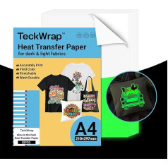 TECKWRAP Glow in the Dark siltuma pārneses papīrs A4 tumšiem vai gaišiem audumiem Dzelzs uz T kreklu pārneses papīra 210mm x 297mm Drukājams pārneses papīrs Saderīgs ar