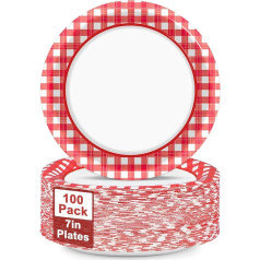 100 gabali 7 collu sarkanbaltsarkanais un baltais Gingham Plaid Galda piederumi Jaundzimušo bērnu svētki Sarkanais Gingham deserts Vienreizlietojamie papīra trauki piknikam BBQ Baby Shower dzimšanas dienas svinībām