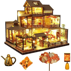 Japāņu stila retro villas leļļu mājas miniatūra ar mēbelēm, DIY koka leļļu mājas komplekts ar LED apgaismojumu, mērogs 1: 24, radoša telpa dzimšanas dienas dāvanai