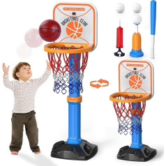 2 in 1 Basketball Hoop and T Ball Set for Children, Adjustable Basketball Goal with Electronic Scoreboard, T4 Balls, Indoor Outdoor Sports Toy, Christmas Birthday Gift for Toddlers