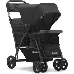 Joovy Caboose Too Ultralight Graphite bērnu ratiņi ar atzveltnes sēdekli, bērnu ratiņi, dubultie bērnu ratiņi, sēdošs un stāvošs bērnu ratiņš, melni