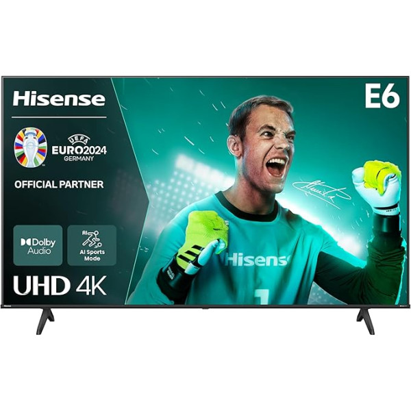 Hisense 43E6NT 108 cm (43 collu) televizors, 4K UHD Smart TV, Precision Colour, HDR, Dolby Vision, 60 Hz, trīskāršais uztvērējs DVB-C/S/S2/T/T/T2, WiFi, HDMI 2.1, Bluetooth, iebūvēta Alexa, melns, [2024]