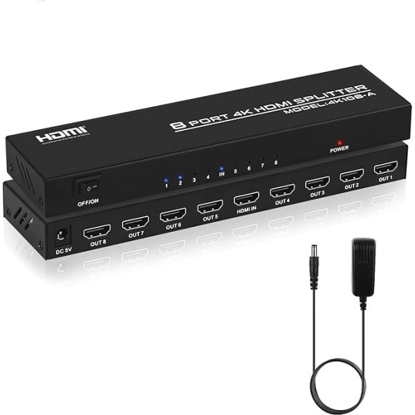 TCNEWCL 4K HDMI sadalītājs 1 ieejas un 8 izejas, vienlaicīgi 1x8 audio video HDMI sadalītājs ar barošanas avotu, atbalsta 3D, HDCP, saderīgs ar HDTV, Xbox, PS4, Blue-Ray atskaņotāju, projektoru