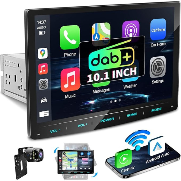 URVOLAX DAB+ auto radio ar blistera ekrānu, 10,1 collu bezvadu Apple Carplay Android auto, 1 DIN Bluetooth auto radio skārienekrāns, auto atskaņošanas monitors ar MirrorLink/Navi/RDS/FM/AM/SWC/EQ/Reversing