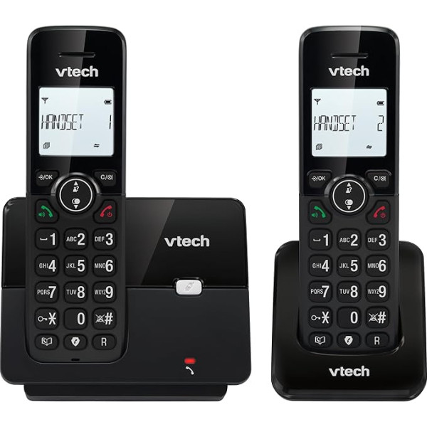 VTech CS2001 Bezvadu tālrunis Home Duo, stacionārais tālrunis, DECT tālrunis, viegli lietojams, īpaši spēcīga klausīšanās, brīvroku zvanīšana, zvanītāja ID, fona apgaismojums, melns