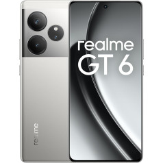 realme GT6 viedtālrunis 5G 12 + 256 GB, Snapdragon 8s 3. paaudzes mikroshēma, 6000nit īpaši spilgts displejs, Sony LYT-808 OIS kamera, 120 W SUPERVOOC uzlāde, 5500 mAh masīva baterija, sudraba krāsā (bez adaptera)