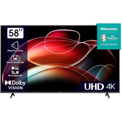 Hisense 58E6KT 146 cm (58 collu) televizors, 4K UHD, Smart TV, HDR, Dolby Vision, Trīs uztvērēji DVB-C/S/ S2/ T/ T2, Bezrāmju, Bluetooth, Wi-Fi, Iebūvēta Alexa, DTS Virtual X, Viesnīcas režīms, melns [2023]