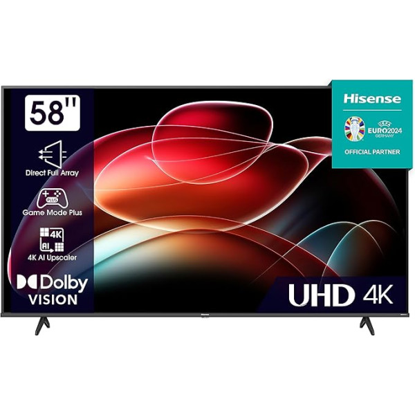 Hisense 58E6KT 146 cm (58 collu) televizors, 4K UHD, Smart TV, HDR, Dolby Vision, Trīs uztvērēji DVB-C/S/ S2/ T/ T2, Bezrāmju, Bluetooth, Wi-Fi, Iebūvēta Alexa, DTS Virtual X, Viesnīcas režīms, melns [2023]