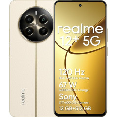 realme 12+ 5G viedtālrunis 12+512 GB ar NFC, Sony LYT-600 OIS portretu kamera, Dimensity 7050 5G mikroshēma, 120 Hz AMOLED displejs, Rainwater Smart Touch, 67 W Supervooc uzlāde, Navigator Beige (bez vāciņa)