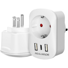 RealMade 2 Pack Ceļojuma adapteris ASV adapteris, Amerika Vācija kontaktdakša ar 2USB 1USB C, Ceļojuma adapteris Taizeme, Starptautiskais adapteris Kanāda, Dominikānas Republika, Meksika, Austrālija