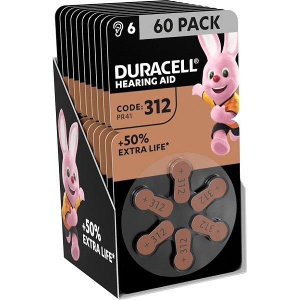 Duracell dzirdes aparātu baterijas, izmērs 312, 60 bateriju iepakojums [Amazon Exclusive]