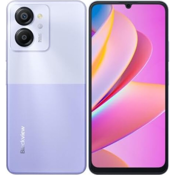 Blackview Color 8 viedtālrunis bez līguma, 16 GB + 256 GB, 6,75 collu FHD+ 90 Hz, 50 MP + 8 MP kamera, 6000 mAh akumulators, trīs karšu slots, Android 13 mobilais tālrunis, Smart-K Box skaļrunis, GPS, violets