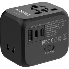 Universāls ceļojuma USB lādētājs, ceļojuma adapteris visā pasaulē, starptautisks 2500W maiņstrāvas kontaktligzdas adapteris ar 1USB A+2USB C PD 20W, ceļojuma adapteris Āzijai, Ķīnai, ES, AU, ASV, Lielbritānijai