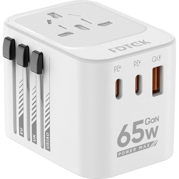 FDTEK 65 W ceļojuma adapteris visā pasaulē, universāls ceļojuma kontaktdakšu adapteris ar 2 USB-C, 1 USB-A un 1 maiņstrāvas adapteri, starptautisks kontaktligzdas adapteris, ceļojuma adapteris Eiropai, ASV, Meksikai, Austrālijai, 200+ valstīm