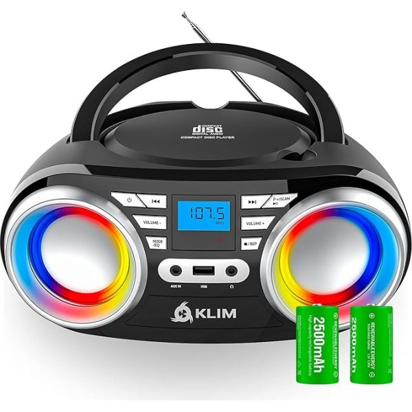 KLIM Boombox B3 portatīvais CD atskaņotājs + FM radio, CD, MP3, Bluetooth, AUX, USB, RGB LED + bezvadu darbība ar uzlādējamu akumulatoru + uzlabots CD lāzera objektīvs + digitālais ekvalaizers + 2024 versija