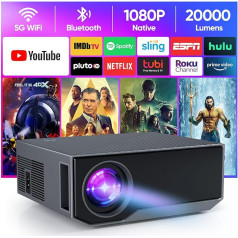 CoolEeve 20000 lūmenu Bluetooth projektors ar Full HD 1080P, 5G WiFi LED mājas kinozāles portatīvais projektors, saderīgs ar iOS/Android/Laptop/HDMI/PC/TV stick/USB (GC05A-A002)