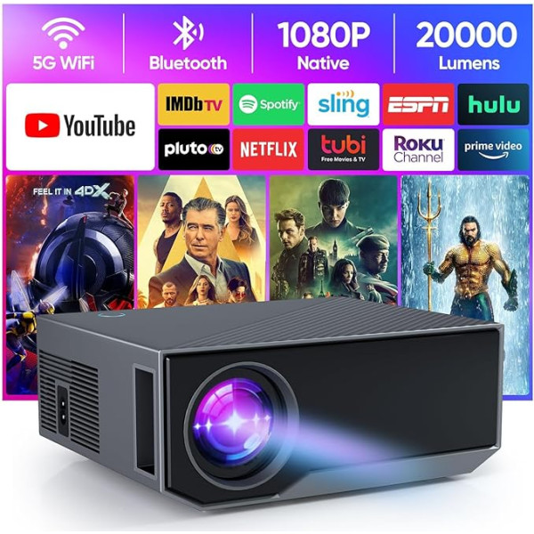 CoolEeve 20000 lūmenu Bluetooth projektors ar Full HD 1080P, 5G WiFi LED mājas kinozāles portatīvais projektors, saderīgs ar iOS/Android/Laptop/HDMI/PC/TV stick/USB (GC05A-A002)