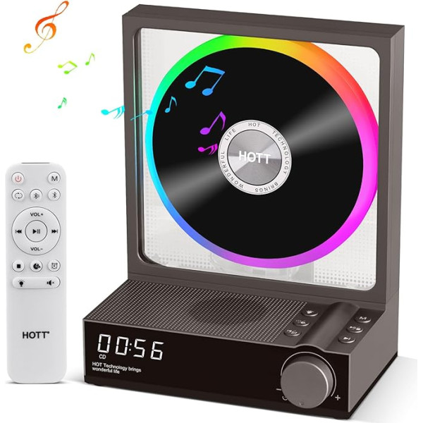 HOTT portatīvais CD atskaņotājs ar tālvadības pulti, Bluetooth 5.3 galda CD atskaņotājs ar RGB apgaismojumu, portatīvais CD atskaņotājs ar HiFi skaļruņiem, atbalsta TF karti, transkripciju, LED ekrānu, taimeri (pelēks)