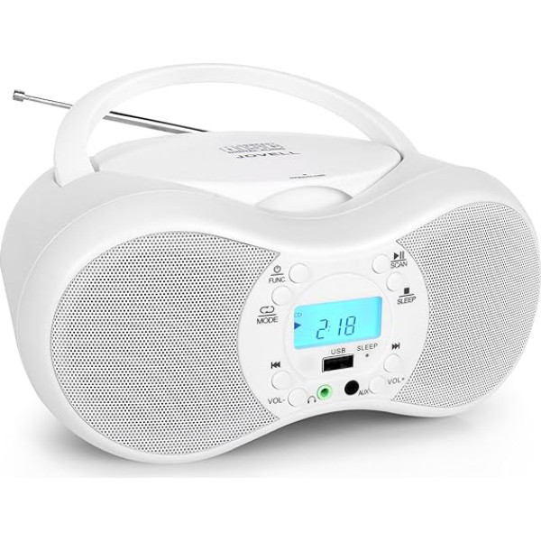 Pārnēsājams CD atskaņotājs Boombox Bluetooth, pārnēsājams FM radio ar USB pieslēgvietu, saderīgs ar CD/CD-R/CD-RW, pārnēsājams Boombox ar Aux ieeju un austiņu ligzdu mājai/bērniem/vecākiem cilvēkiem (balts)