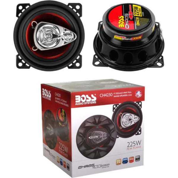 2 skaļruņi Saderīgs ar Boss Audio Systems CH4230 CH 4230 3 kanālu koaksiālais 10,00 cm 100 mm 4 collu diametrs 112,5 W RMS un 225 W Max 4 Ohm 90 dB SPL Automobiļu pāri