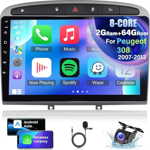 NHOPEEW 2+64G Android Auto Stereo Peugeot 308 2007-2013 - 9 collu bezvadu Carplay radio atbalsta Android Car WiFi GPS navigāciju FM RDS + aizmugures skata kamera