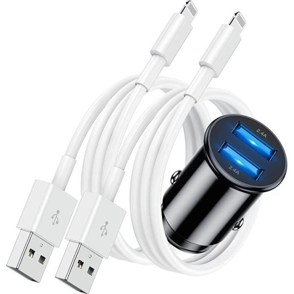 Cigarešu aizdedzinātāja USB lādētājs ar iPhone lādēšanas kabeli 1M [Pack of 2], Dual USB Port 4.8A Mini auto lādētāja adapteris Lightning lādēšanas kabelis Apple iPhone 11 Pro Max XR XS Max X 8 7 6 6S Plus 5 5S