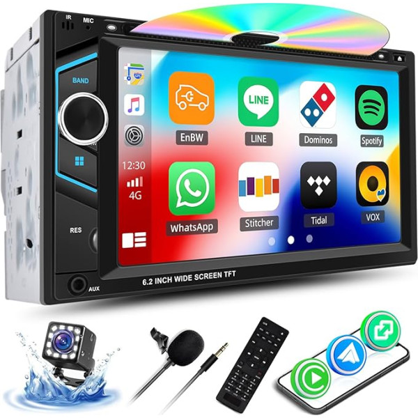 OiLiehu 2din Auto radio ar CD/DVD Carplay Android auto radio ar ekrānu 6,2 collu auto radio ar Mirror Link/EQ/Bluetooth//FM&AM radio/atpakaļgaitas kameru/Subwoofer/AUX-in/SWC/USB + atpakaļgaitas kamera