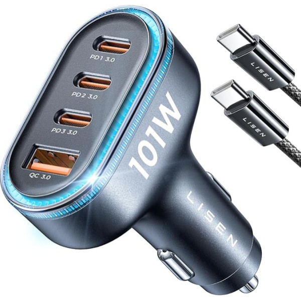 LISEN Auto lādētājs Auto cigarešu aizdedzinātājs USB C 101W 4 portu 12V USB adapteris auto PD3.0 & QC3.0 USB ātrais lādētājs ar zilu LED gaismu iPhone 16, Android Samsung, planšetdatoriem visiem viedtālruņiem