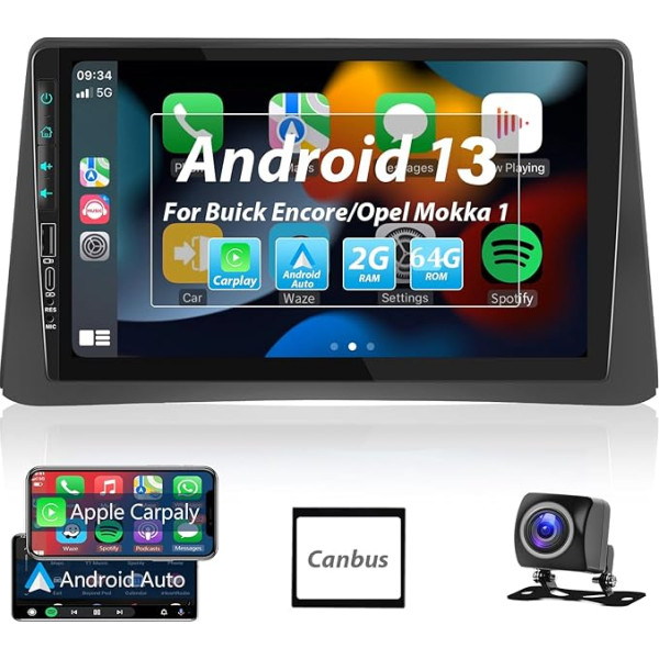 Hodozzy Carplay Android auto priekš Opel Mokka 1 2012-2016/Buick Encore 2013-2015 Android auto radio 2 DIN ar satelītnavigāciju, 9 collu skārienekrāns ar Mirror Link/WiFi/GPS/RDS/FM/Bluetooth/USB + atpakaļgaitas kamera