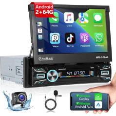 Podofo 2+64G Auto radio 1 DIN ar bezvadu Apple Carplay Android Car, Android 13 7 collu radio ar izvelkamu ekrānu un Bluetooth/Android Car/RDS/SWC/Mirror Link/USB + atpakaļgaitas kamera