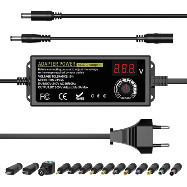 Rsydmn 3A 72W universāls barošanas avots, maiņstrāvas adapteris uz līdzstrāvas 3V-24V, regulējams barošanas adapteris ar LED sprieguma displeju un 14 uzgaļiem, ieskaitot Micro USB kontaktdakšu, 3V-24V mājsaimniecības elektronikai, līdzstrāva