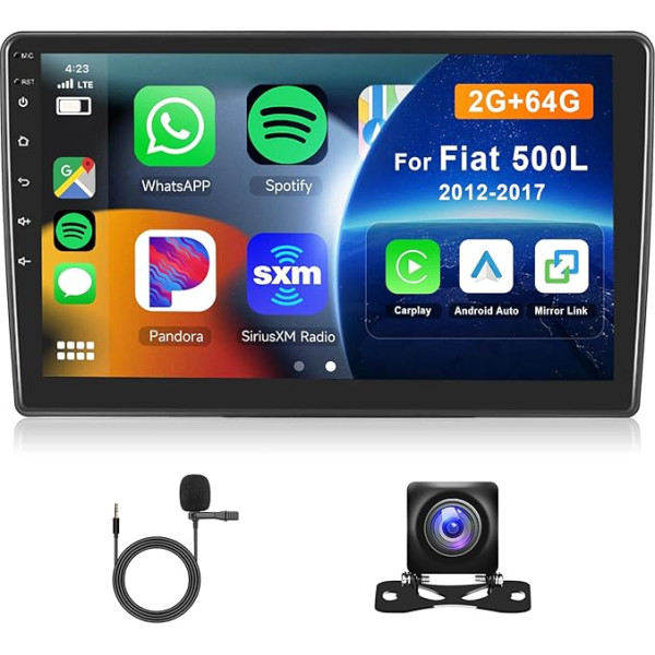 Hodozzy 2G 64G Android auto radio Fiat 500L 2012-2017 Carplay Android auto spoguļsaite, 10,1 collu skārienjūtīgais ekrāns, radio ar Bluetooth GPS navigāciju WiFi FM RDS HiFi, aizmugures skata kamera, 2 DIN radio